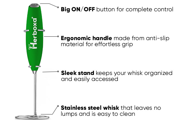 Herboxa Electric Mini Whisk with big ON/OFF button, ergonomic handle and a sleek stand. Made from stainless steel.