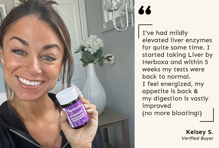 Herboxa Liver product review: "I've had mildly elevated liver enzymes for quite some time. I started taking Liver by Herboxa and within 5 weeks my tests were back to normal. I feel energized, my appetite is back & my digestion is vastly improved (no more